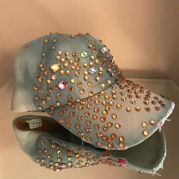 NWOT Distressed look denim baseball cap w/rhinestones - Picture 1 of 6
